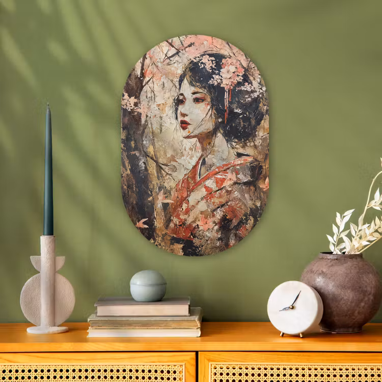 Muurovaal - Kunststof - Kimono - Vrouw - kersenbomen — 1