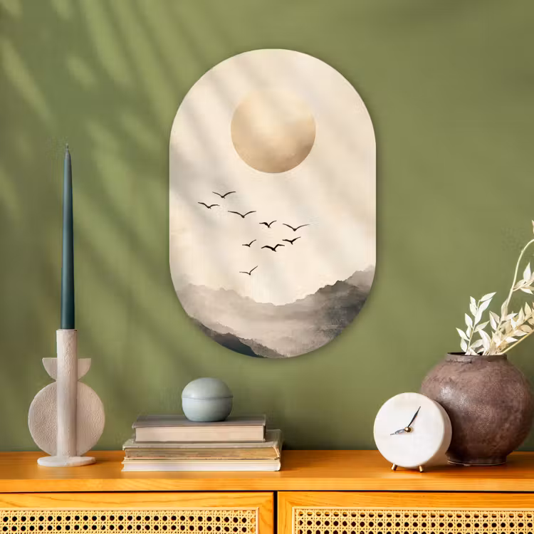Muurovaal - Kunststof - Landschap - Japandi - vogel — 1