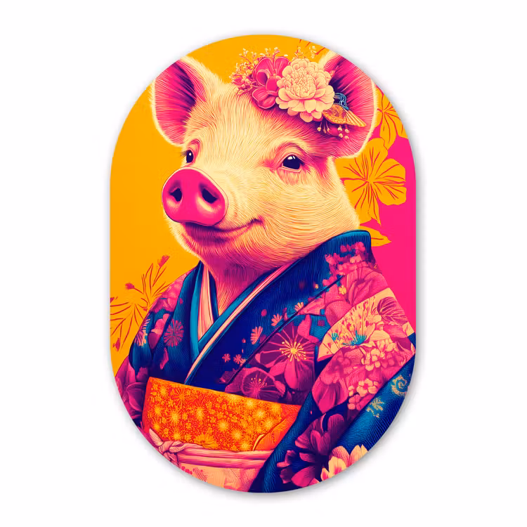 Muurovaal - Kunststof - Varken - Bloemkroon - Kimono - Abstract — 3