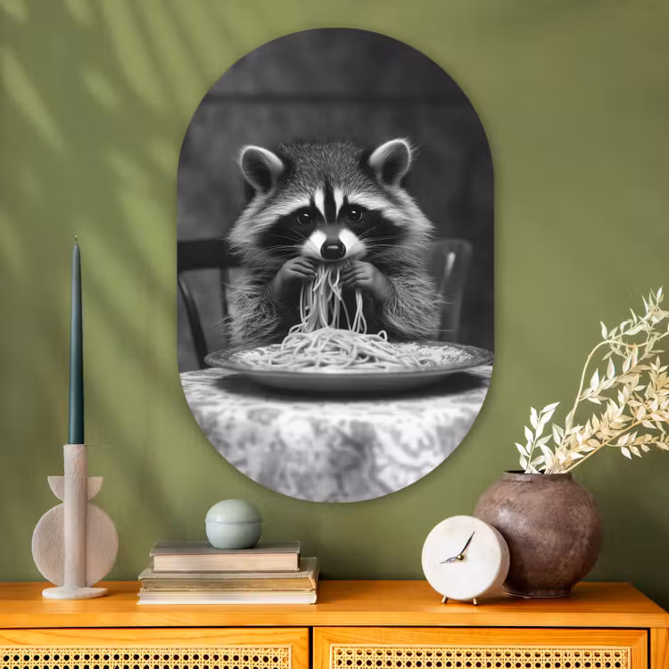 Muurovaal - Glas - Wasbeer - Cute - Pasta - Tafelkleed - Zwart - Wit — 2