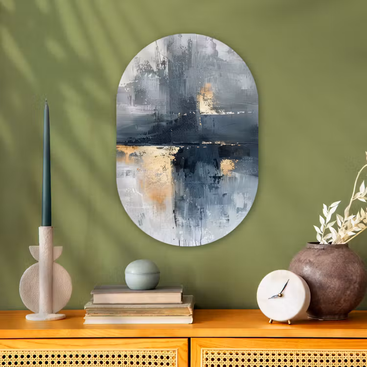 Muurovaal - Kunststof - Kunst - Grijs - Goud - Abstract — 1