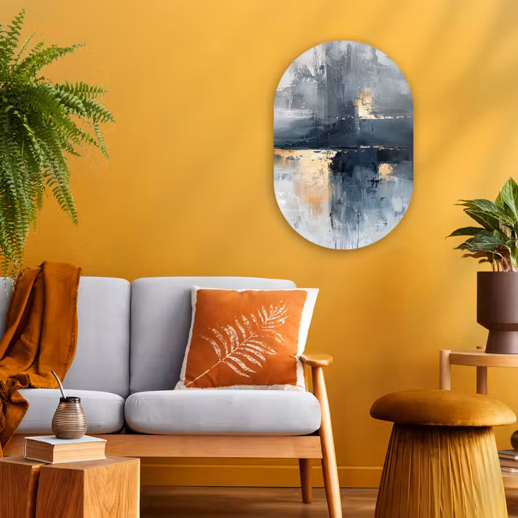 Muurovaal - Kunststof - Kunst - Grijs - Goud - Abstract — 3