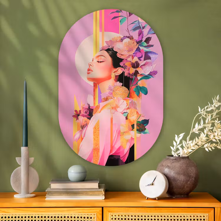 Muurovaal - Glas - Vrouw - Bloemen - Paars - Abstract — 2