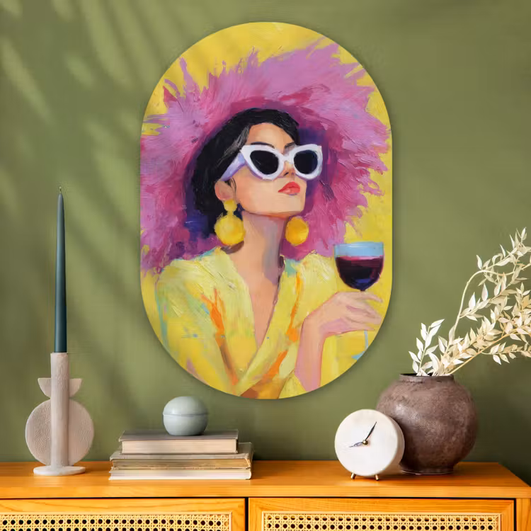 Muurovaal - Glas - Vrouw - Hoed - Paars - Wijn — 2