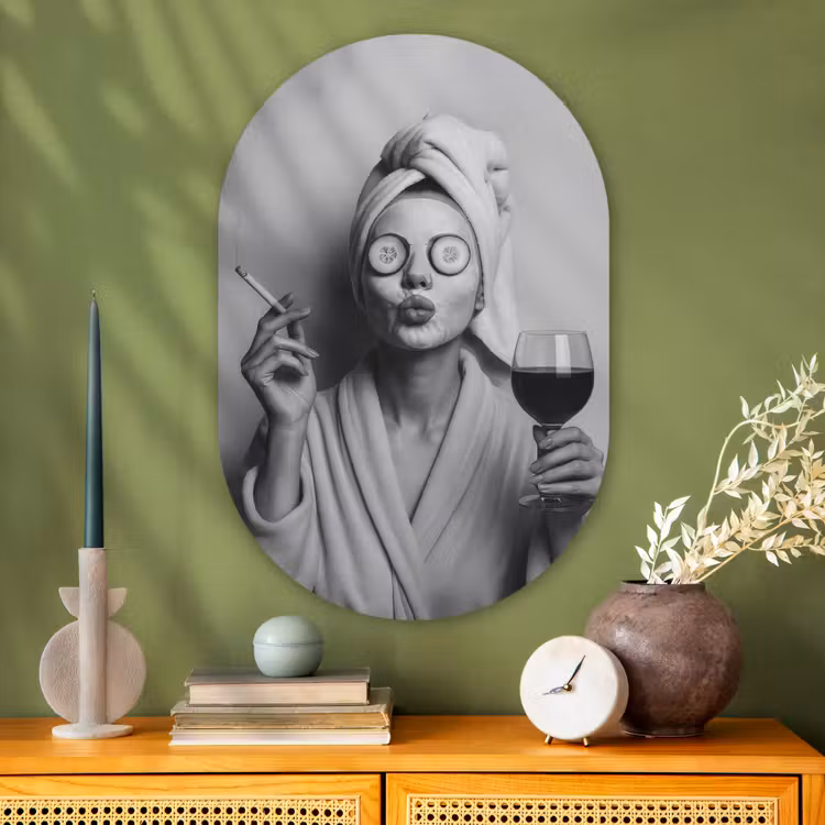 Muurovaal - Glas - Vrouw - Masker - Wijn - Sigaret — 2