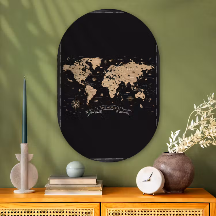 Muurovaal - Glas - Wereldkaart - Beige - Zwart — 2