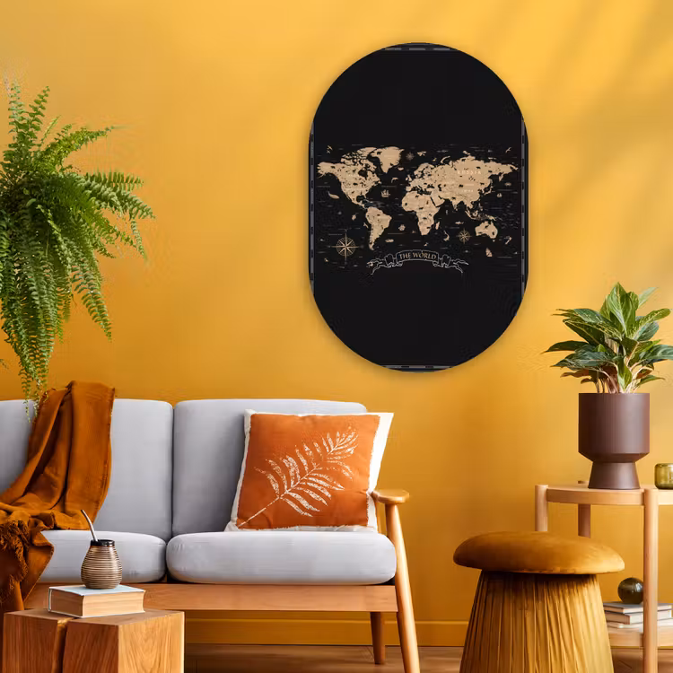 Muurovaal - Glas - Wereldkaart - Beige - Zwart — 3