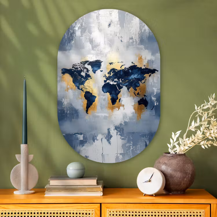 Muurovaal - Glas - Wereldkaart - Blauw - Abstract — 2