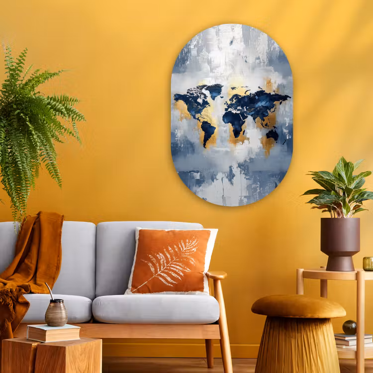 Muurovaal - Glas - Wereldkaart - Blauw - Abstract — 3