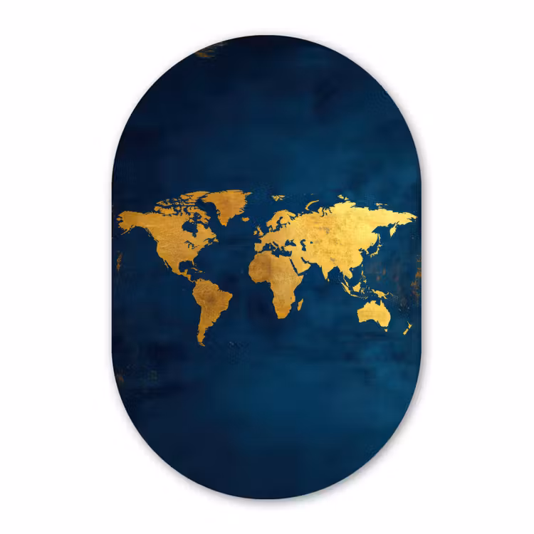 Muurovaal - Glas - Wereldkaart - Goud - Donkerblauw — 1