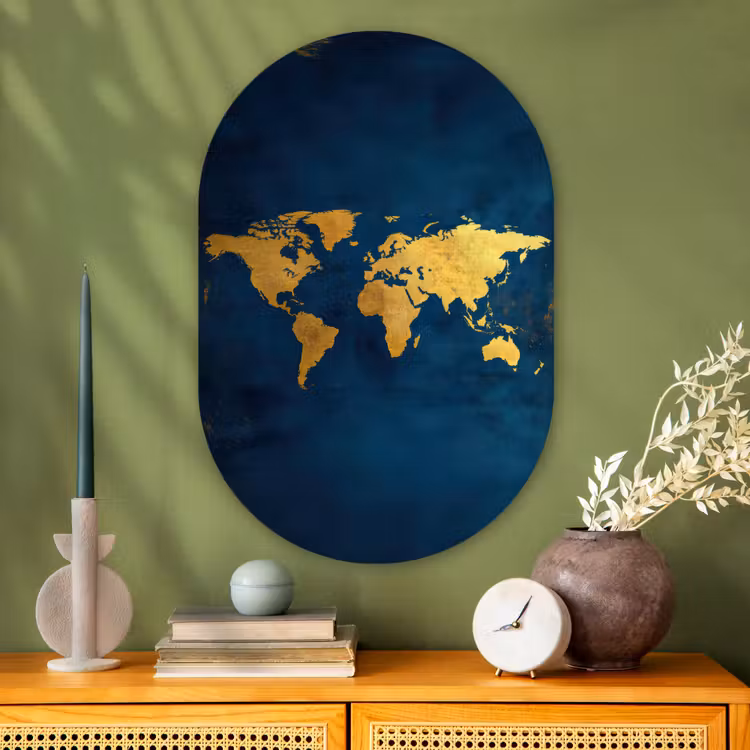 Muurovaal - Glas - Wereldkaart - Goud - Donkerblauw — 2