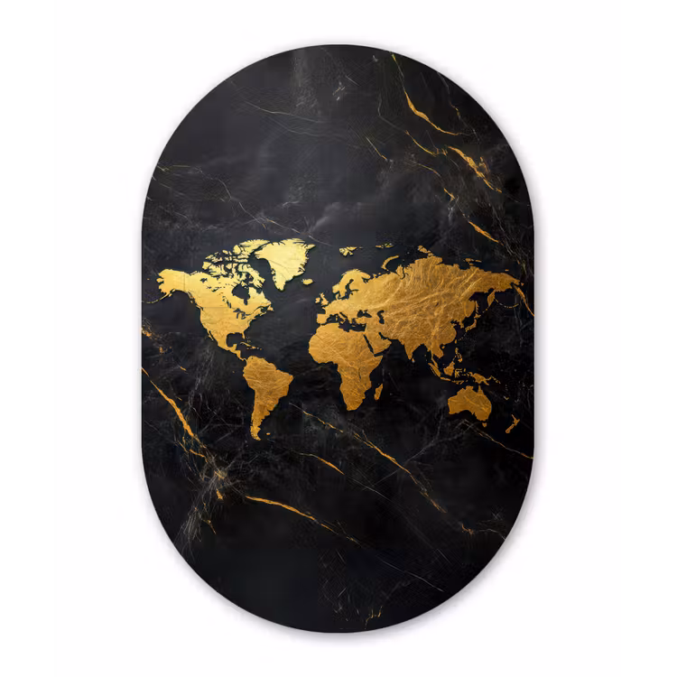 Muurovaal - Glas - Wereldkaart - Goud - Marmer — 1