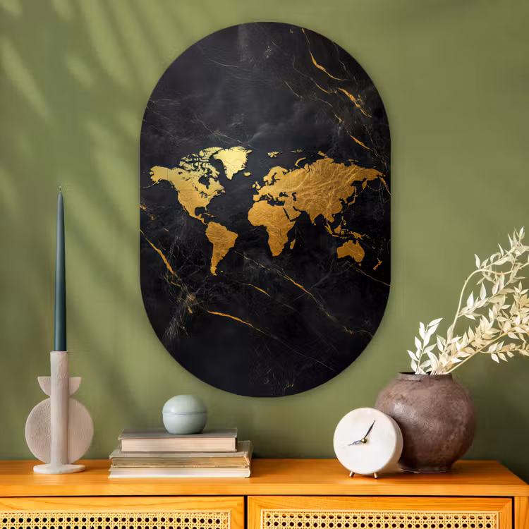 Muurovaal - Glas - Wereldkaart - Goud - Marmer — 2