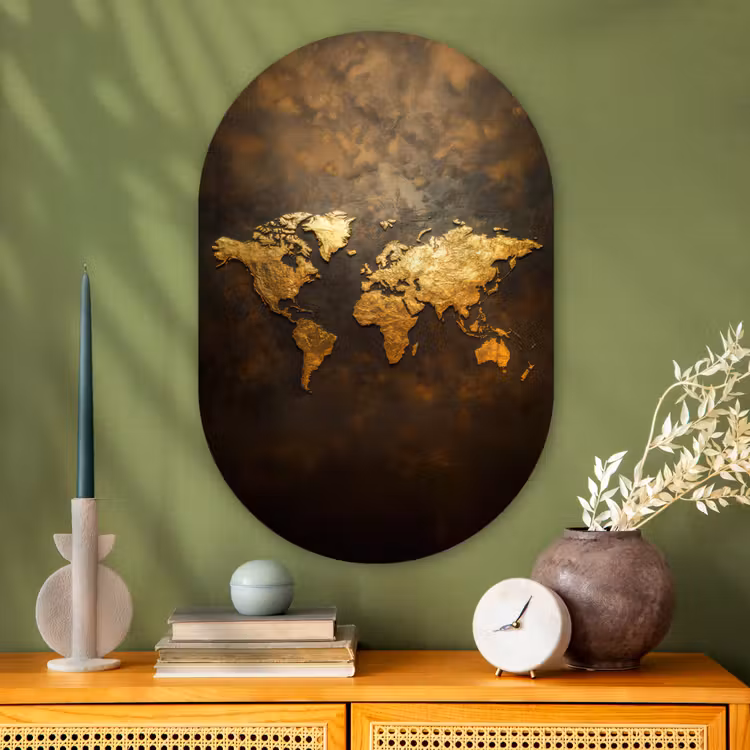 Muurovaal - Glas - Wereldkaart - Goud - Roest — 2