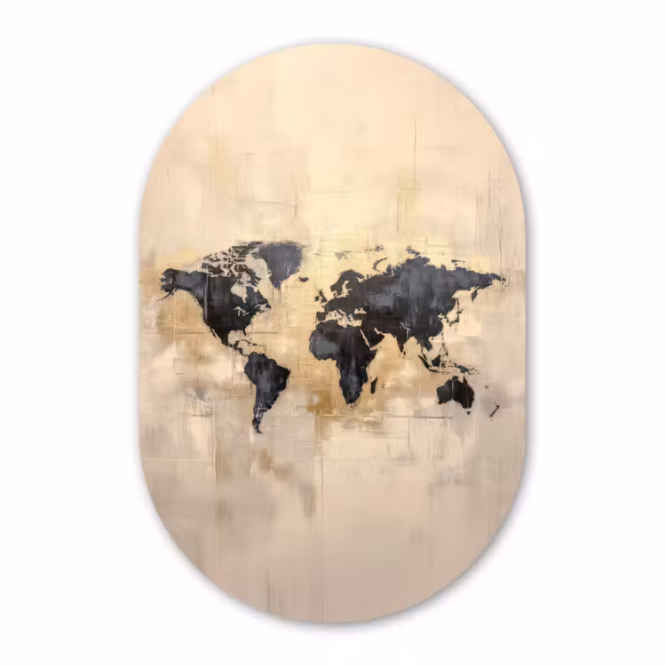Muurovaal - Glas - Wereldkaart - Goud - Zwart - Abstract — 1