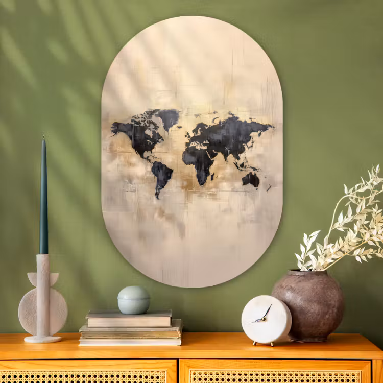 Muurovaal - Glas - Wereldkaart - Goud - Zwart - Abstract — 2