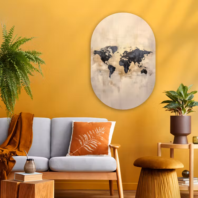 Muurovaal - Glas - Wereldkaart - Goud - Zwart - Abstract — 3