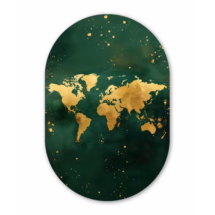 Muurovaal - Glas - Wereldkaart - Groen - Goud — 1