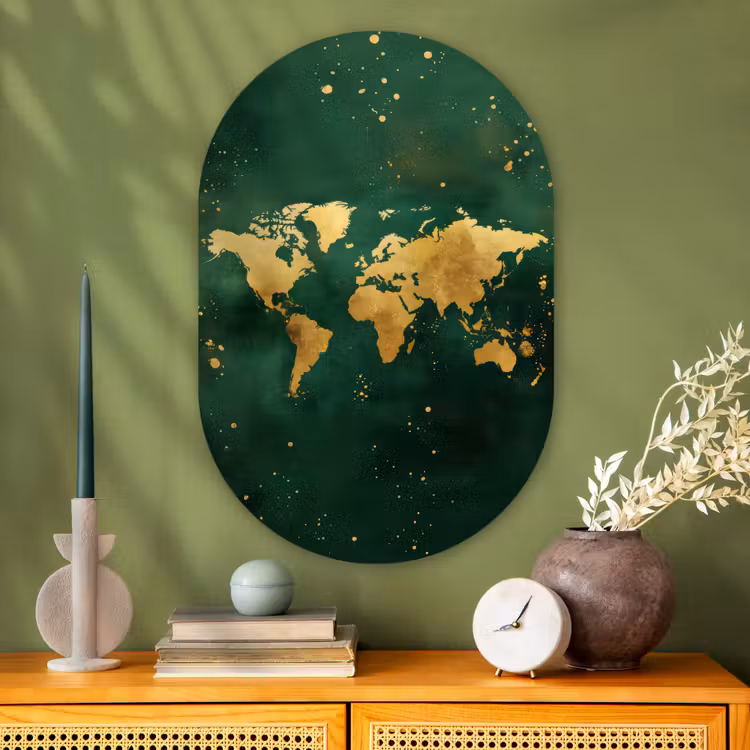 Muurovaal - Glas - Wereldkaart - Groen - Goud — 2