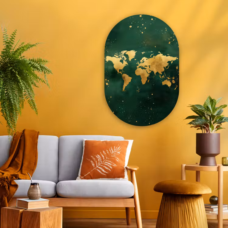 Muurovaal - Glas - Wereldkaart - Groen - Goud — 3