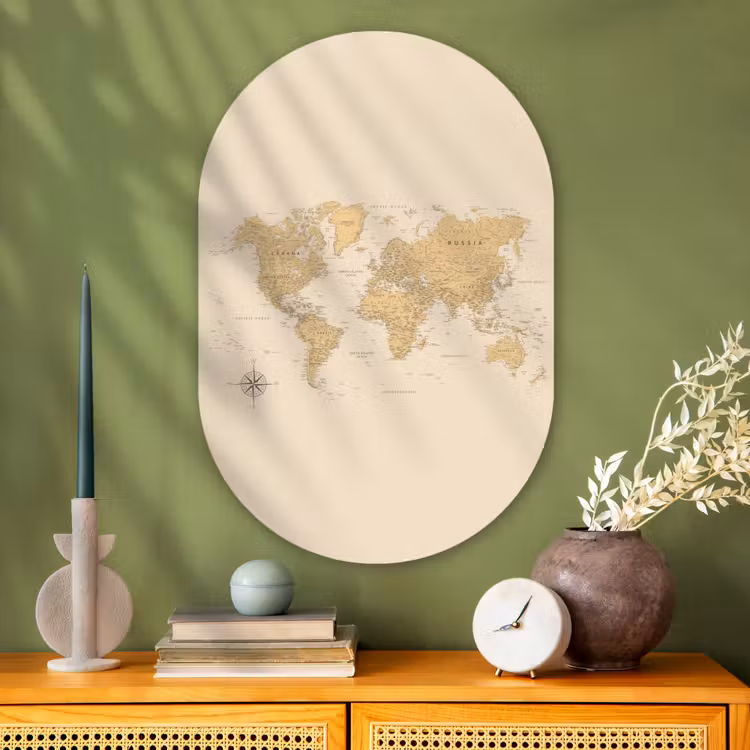 Muurovaal - Glas - Wereldkaart - Realistisch - Beige — 2