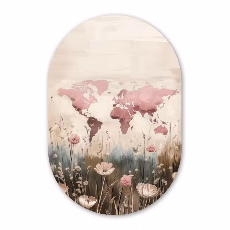 Muurovaal - Glas - Wereldkaart - Roze - Bloemen — 1