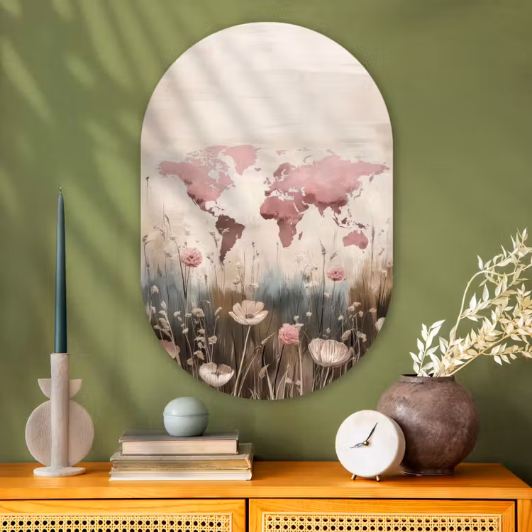 Muurovaal - Glas - Wereldkaart - Roze - Bloemen — 2