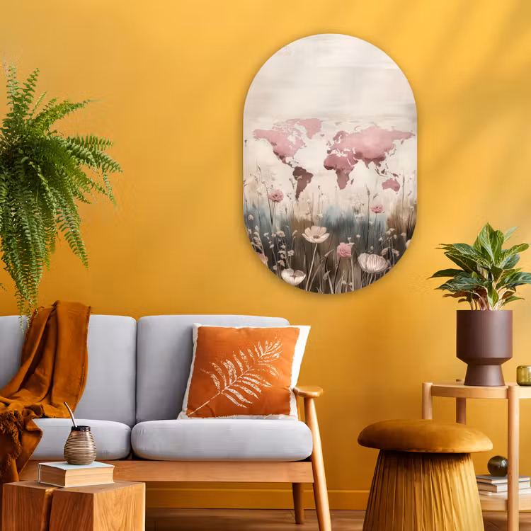 Muurovaal - Glas - Wereldkaart - Roze - Bloemen — 3