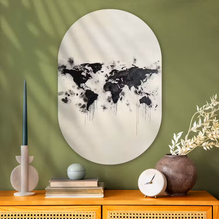 Muurovaal - Glas - Wereldkaart - Zwart - Inkt — 2
