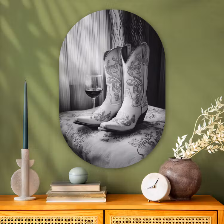 Muurovaal - Glas - Wijn - Cowboylaarzen - Raamlicht - Wit — 2