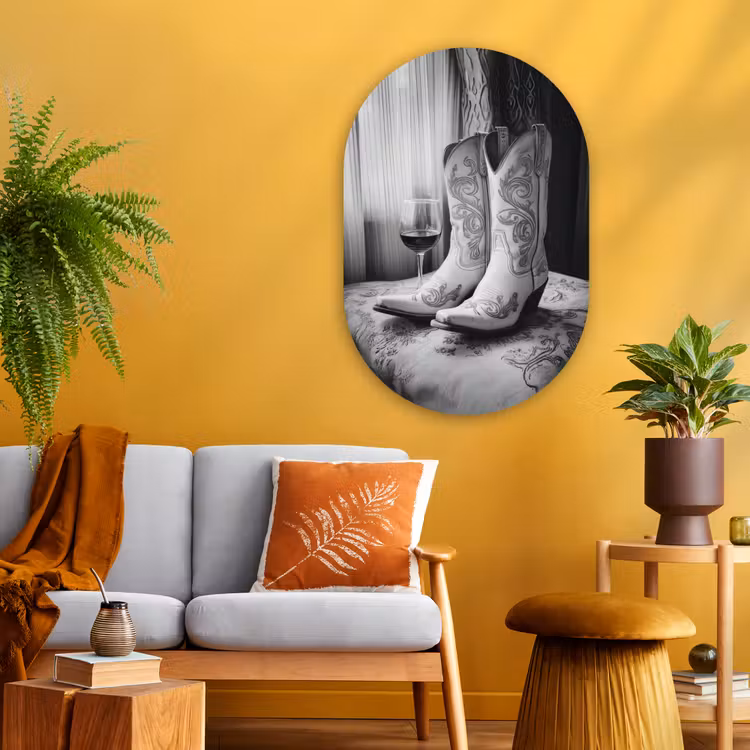 Muurovaal - Glas - Wijn - Cowboylaarzen - Raamlicht - Wit — 3