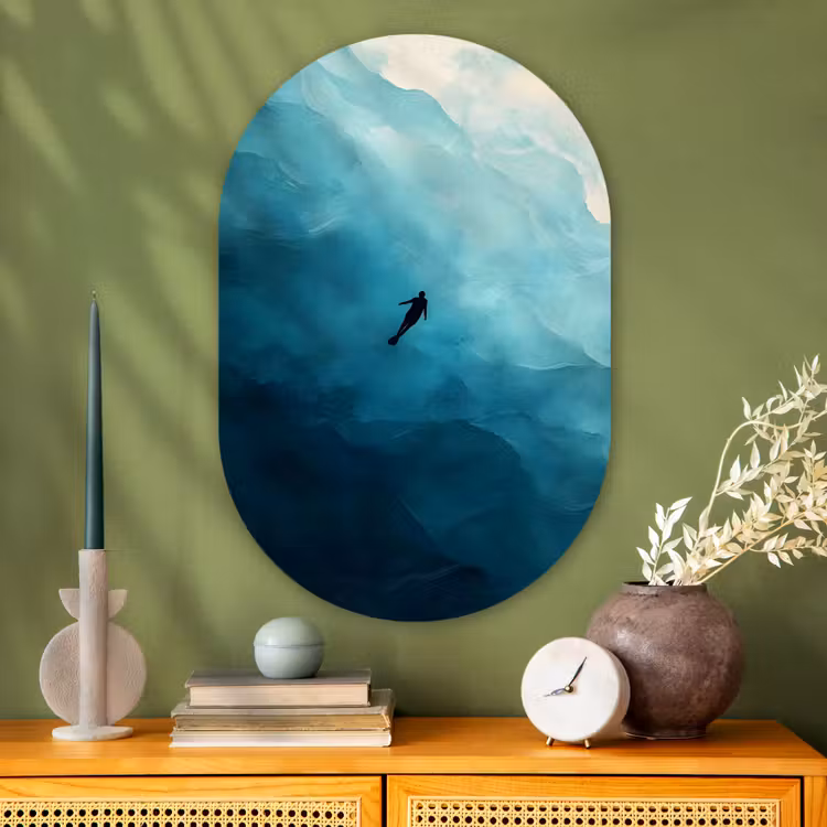 Muurovaal - Glas - Zee - Silhouet - Abstract - Blauw — 2