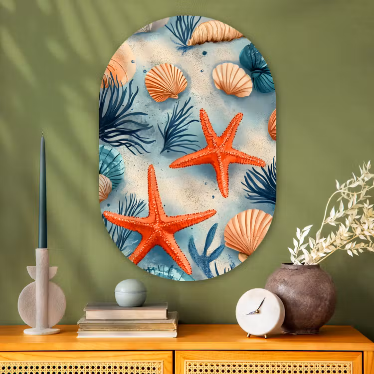 Muurovaal - Glas - Zeesterren - Schelpen - Illustratie - Zand — 2
