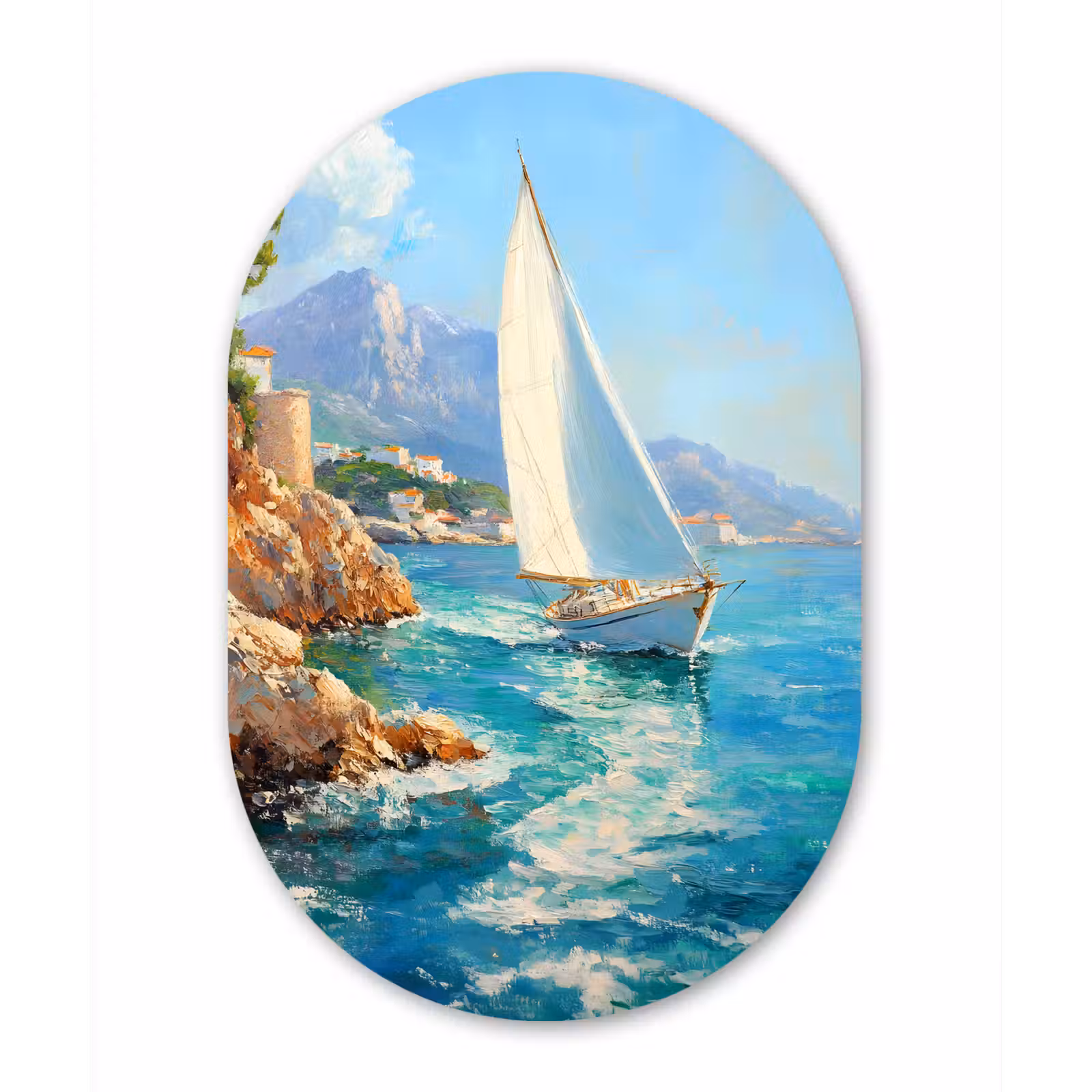 Muurovaal - Glas - Zeilboot - Rotsen - Kust - Huizen — 1