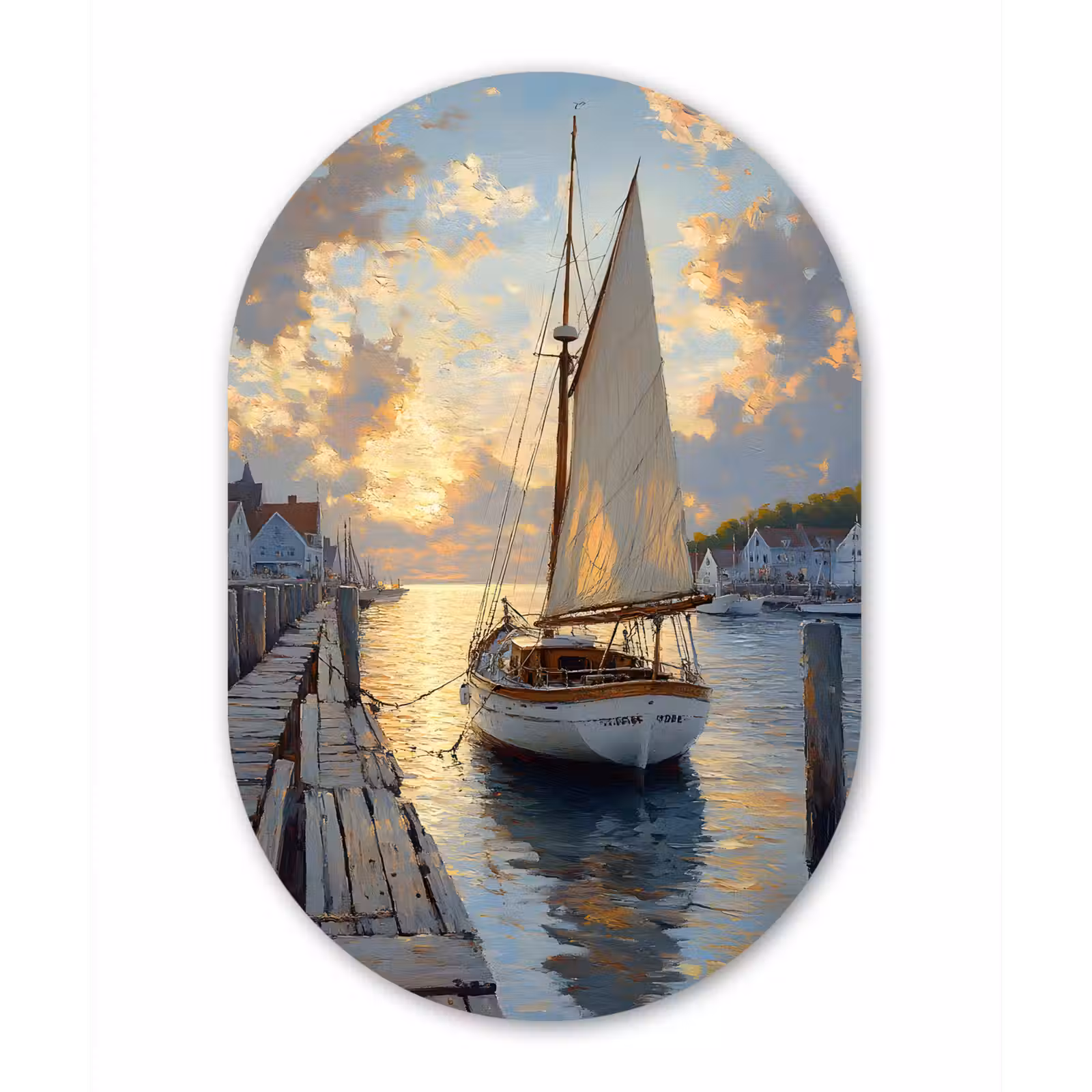 Muurovaal - Glas - Zeilboot - Zon - Pier - Hout — 1