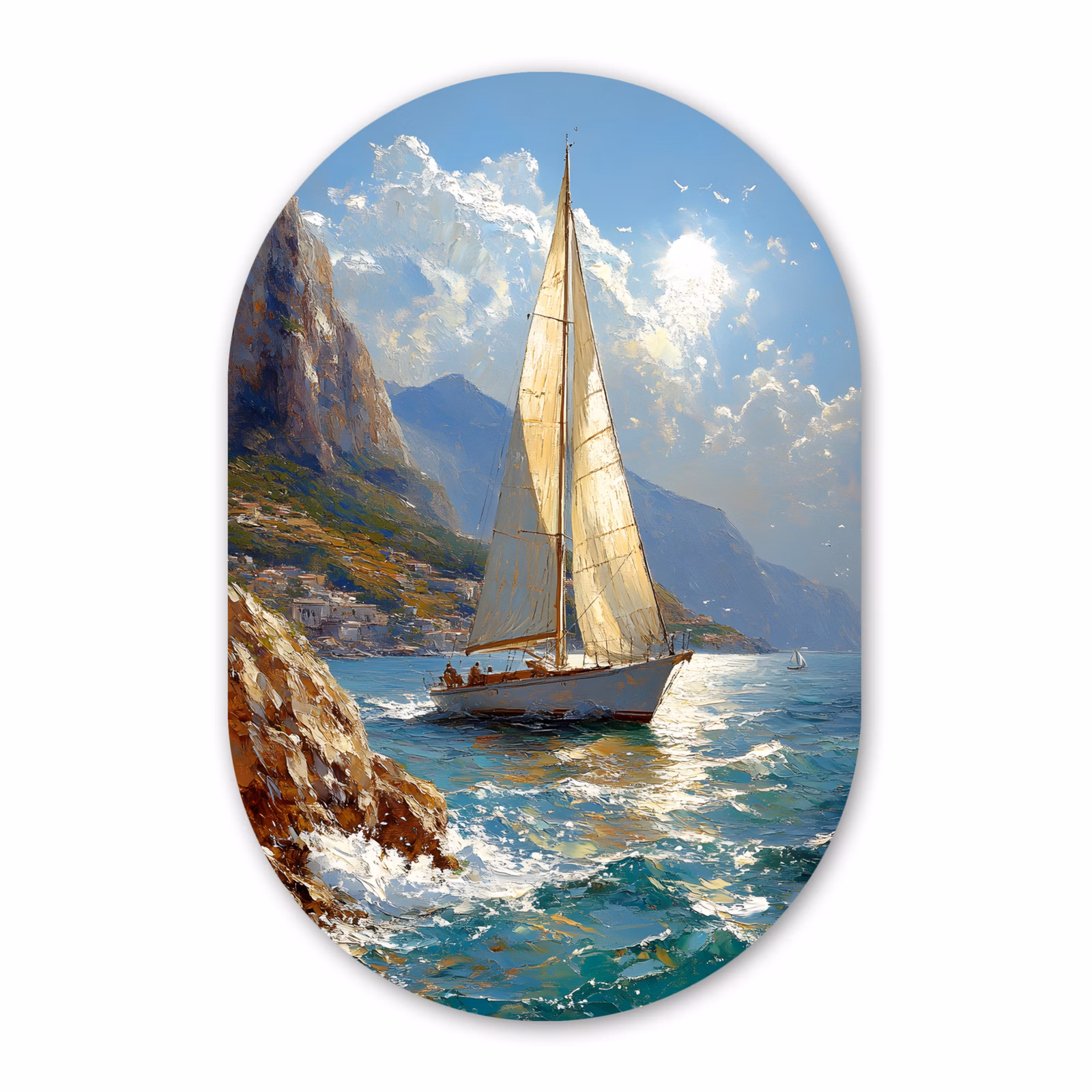 Muurovaal - Glas - Zeilschip - Zee - Rotsen - Wolken — 1