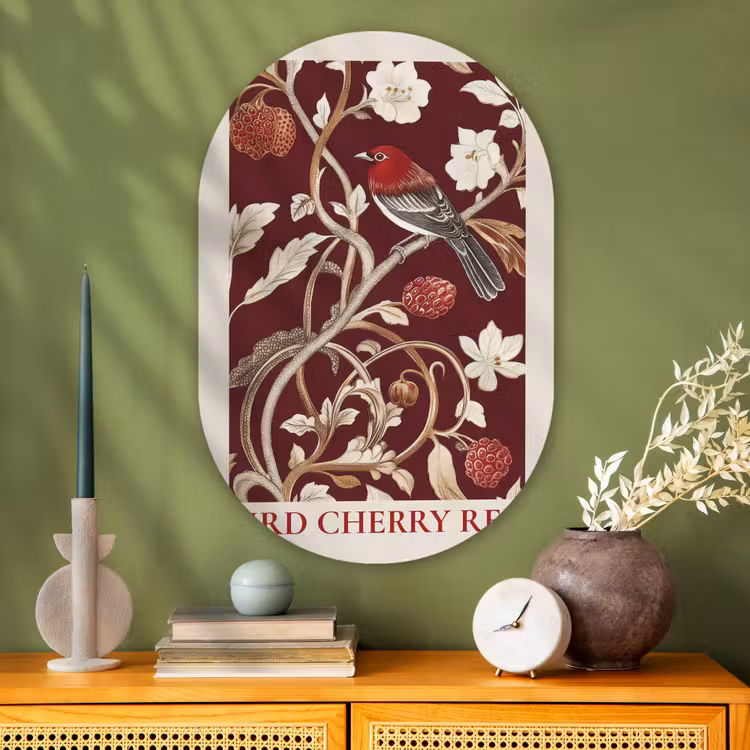 Muurovaal - Glas - Vogel - Bordeaux - Bloemen - Bessen — 2