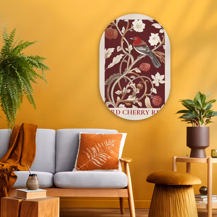 Muurovaal - Glas - Vogel - Bordeaux - Bloemen - Bessen — 3