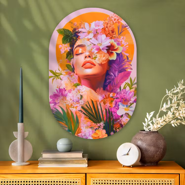 Muurovaal - Glas - Vrouw - Abstract - Cirkel - Bloemen — 2