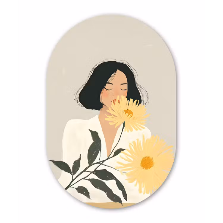 Muurovaal - Glas - Vrouw - Bloem - Geel - Minimalistisch — 1