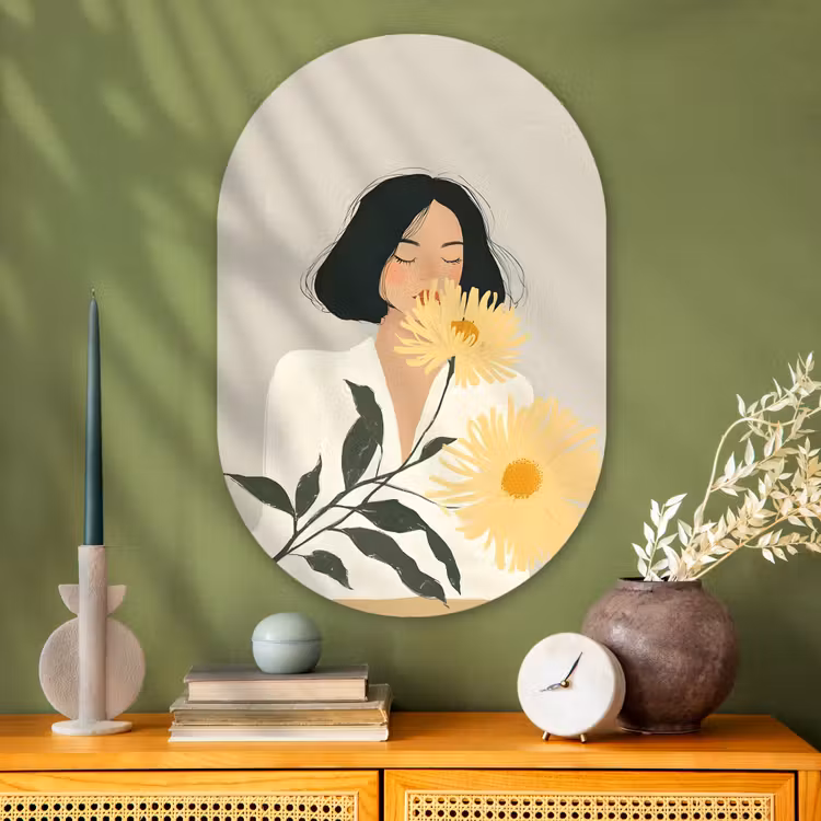 Muurovaal - Glas - Vrouw - Bloem - Geel - Minimalistisch — 2
