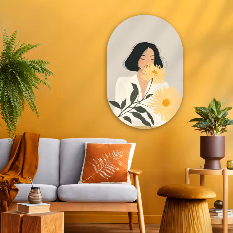 Muurovaal - Glas - Vrouw - Bloem - Geel - Minimalistisch — 3
