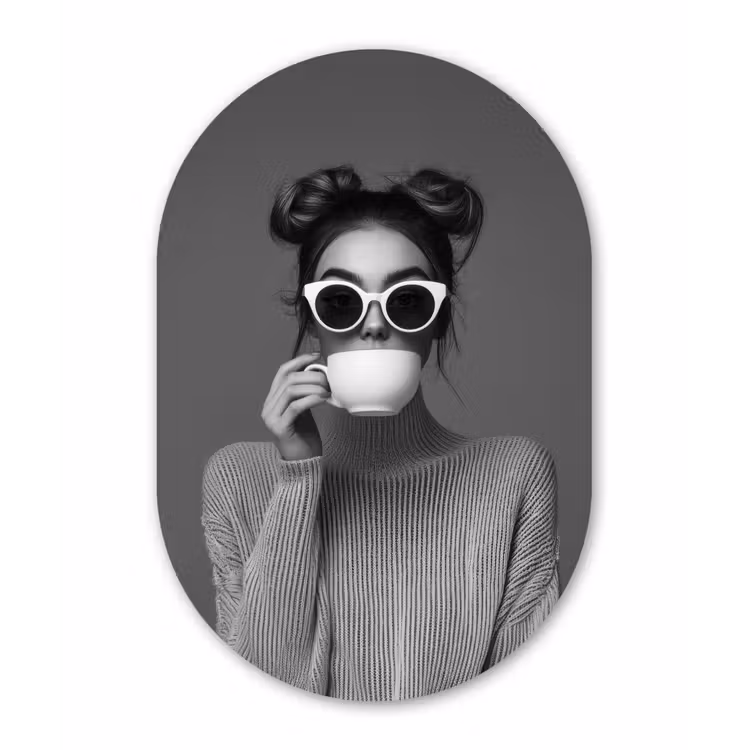 Muurovaal - Glas - Vrouw - Koffie - Zwart - Wit — 1