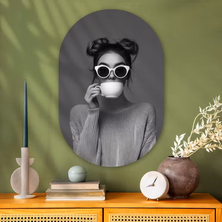 Muurovaal - Glas - Vrouw - Koffie - Zwart - Wit — 2