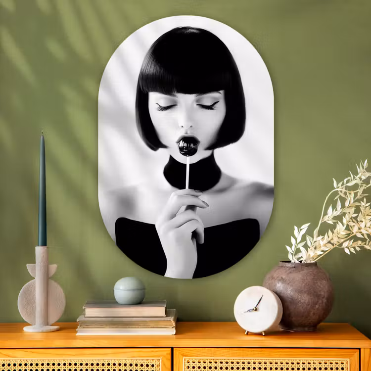 Muurovaal - Glas - Vrouw - Lolly - Zwart - Wit — 2