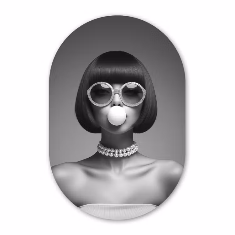 Muurovaal - Glas - Vrouw - Zwart Wit - Ketting - Zonnebril — 1