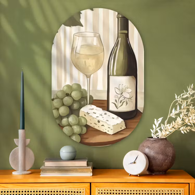 Muurovaal - Glas - Wijn - Druiven - Kaas - Bladeren — 2