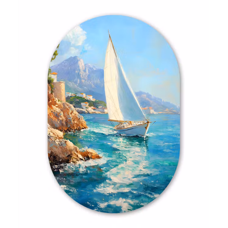 Muurovaal - Glas - Zeilboot - Rotsen - Kust - Huizen — 1