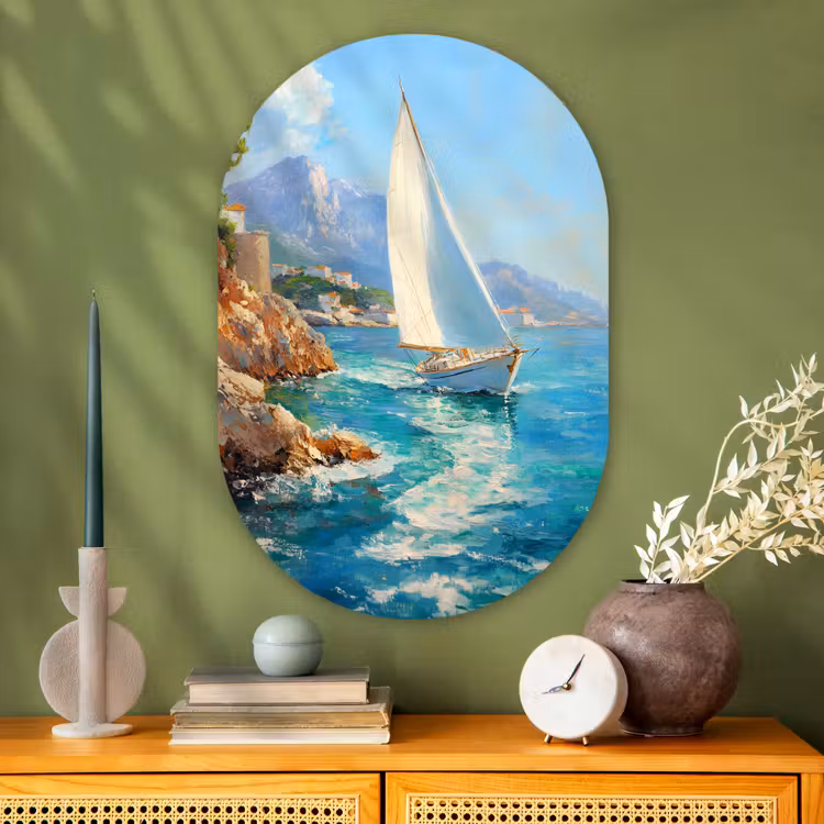 Muurovaal - Glas - Zeilboot - Rotsen - Kust - Huizen — 2