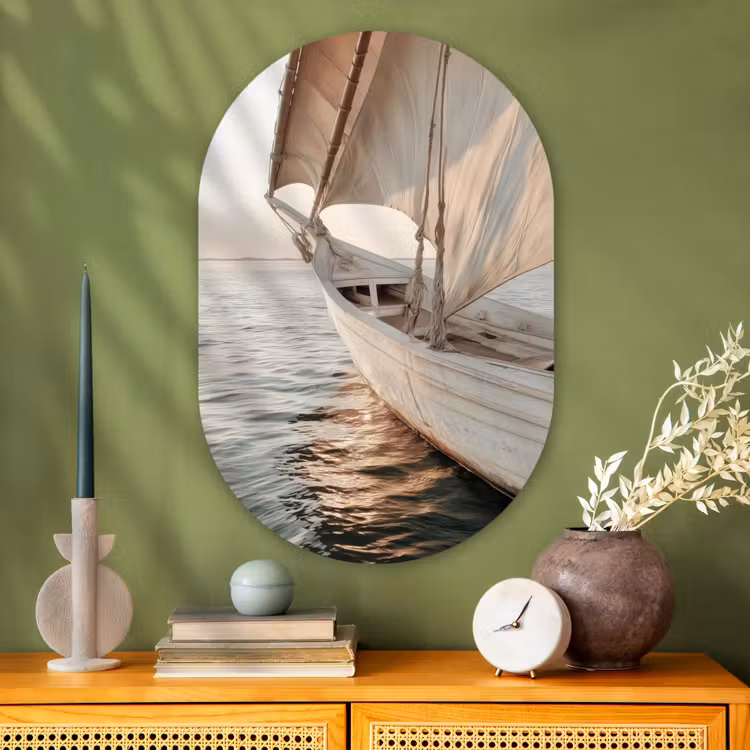 Muurovaal - Glas - Zeilboot - Zee - Beige - Zon — 2